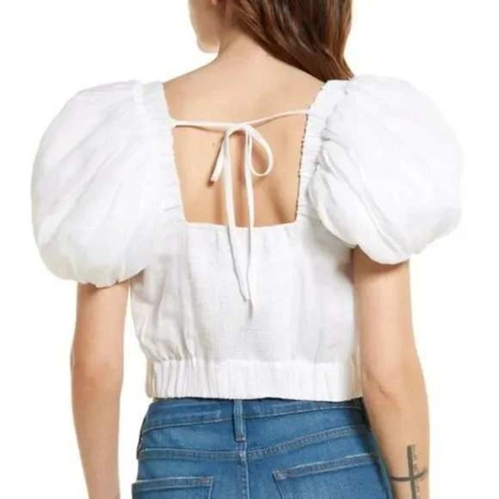 Frame Ruched Crop Puff Sleeve Blouse in Blanc Size Medium NWOT‎ - Picture 3 of 6